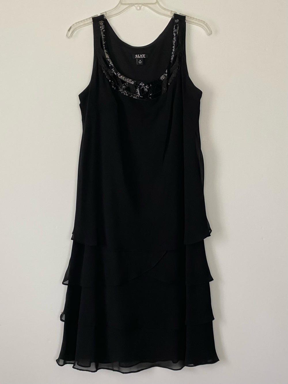 SLNY Black Sleeveless Beaded Layered Midi Dress